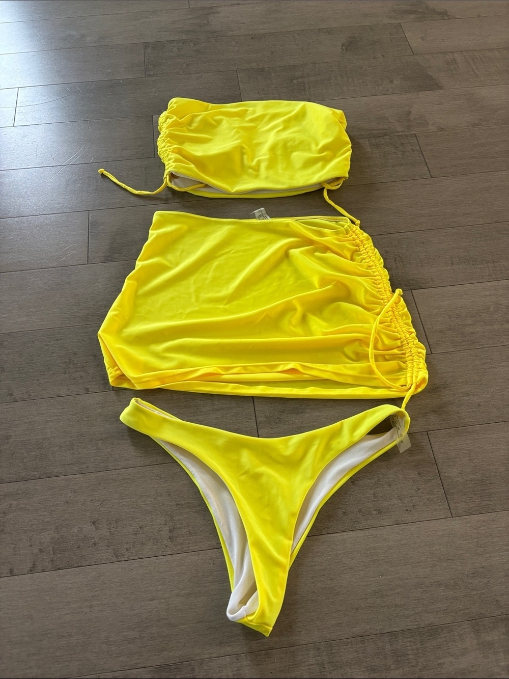 Bright Yellow 3 Piece Bikini Set Size Medium Swimwear Cover Up - Picture 2 of 11